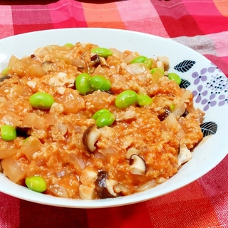 鶏肉と椎茸の味噌トマトオートミール雑炊
